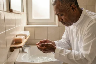 Homme en djellaba blanche effectuant les ablutions au lavabo avant la prière du Maghreb