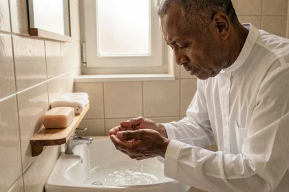 Homme en djellaba blanche effectuant les ablutions au lavabo avant la prière du Maghreb
