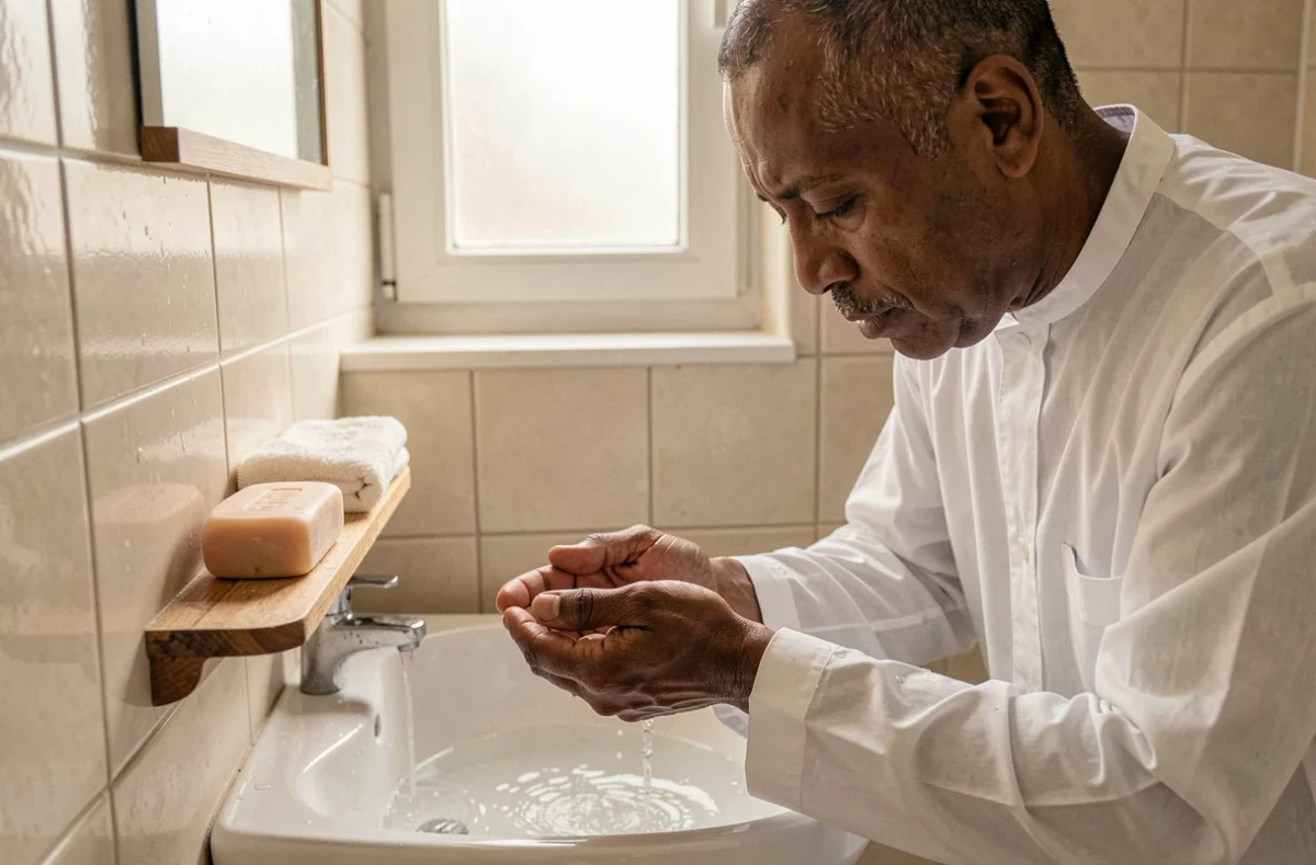 Homme en djellaba blanche effectuant les ablutions au lavabo avant la prière du Maghreb