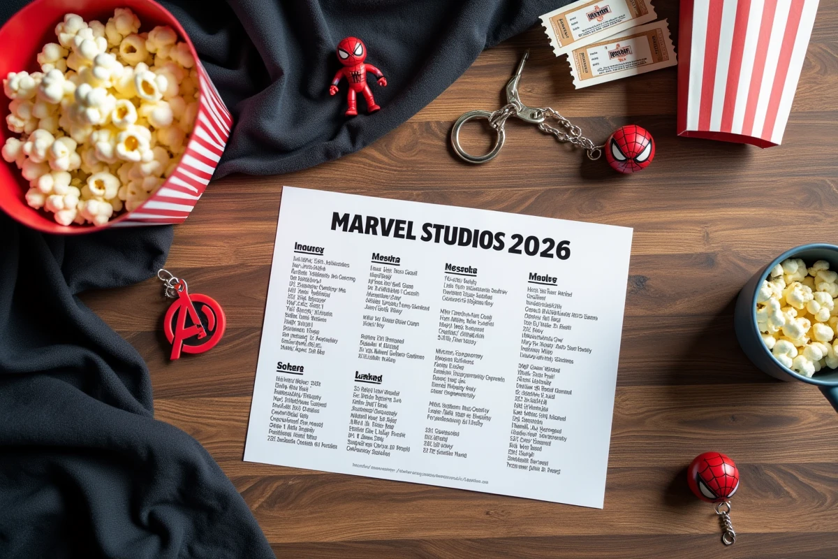 Mise en scène de billets de cinéma, pop-corn et figurines Spider-Man et Avengers sur une table pour illustrer le film Marvel 2026