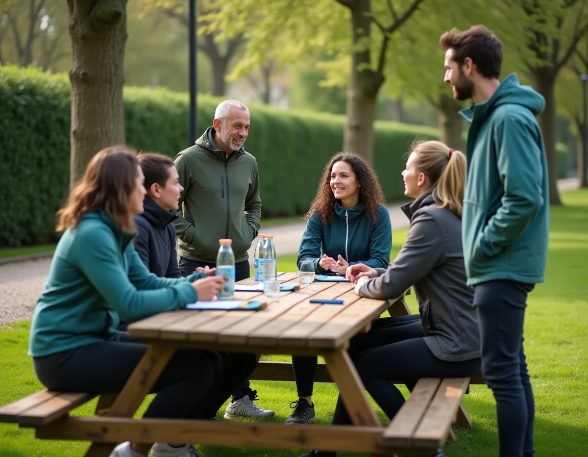Groupe de personnes se retrouvant après une activité sportive en plein air dans un parc de Cholet