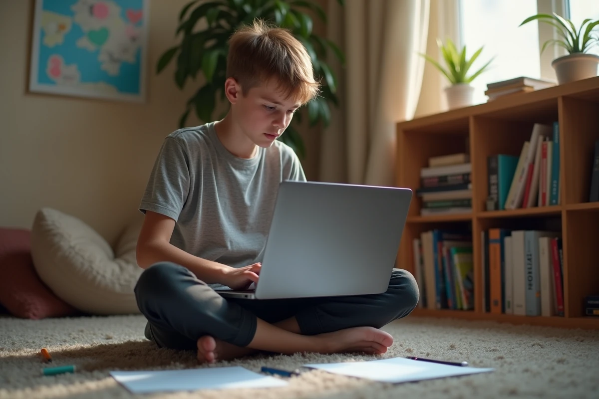 Adolescent prenant des notes depuis une encyclopédie en ligne dans sa chambre