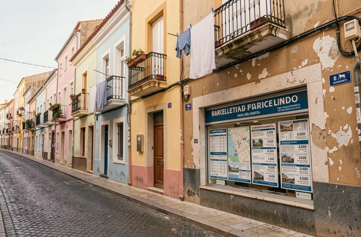 Vitrine d'agence immobilière dans le quartier Barceloneta affichant les prix par code postal à Barcelone