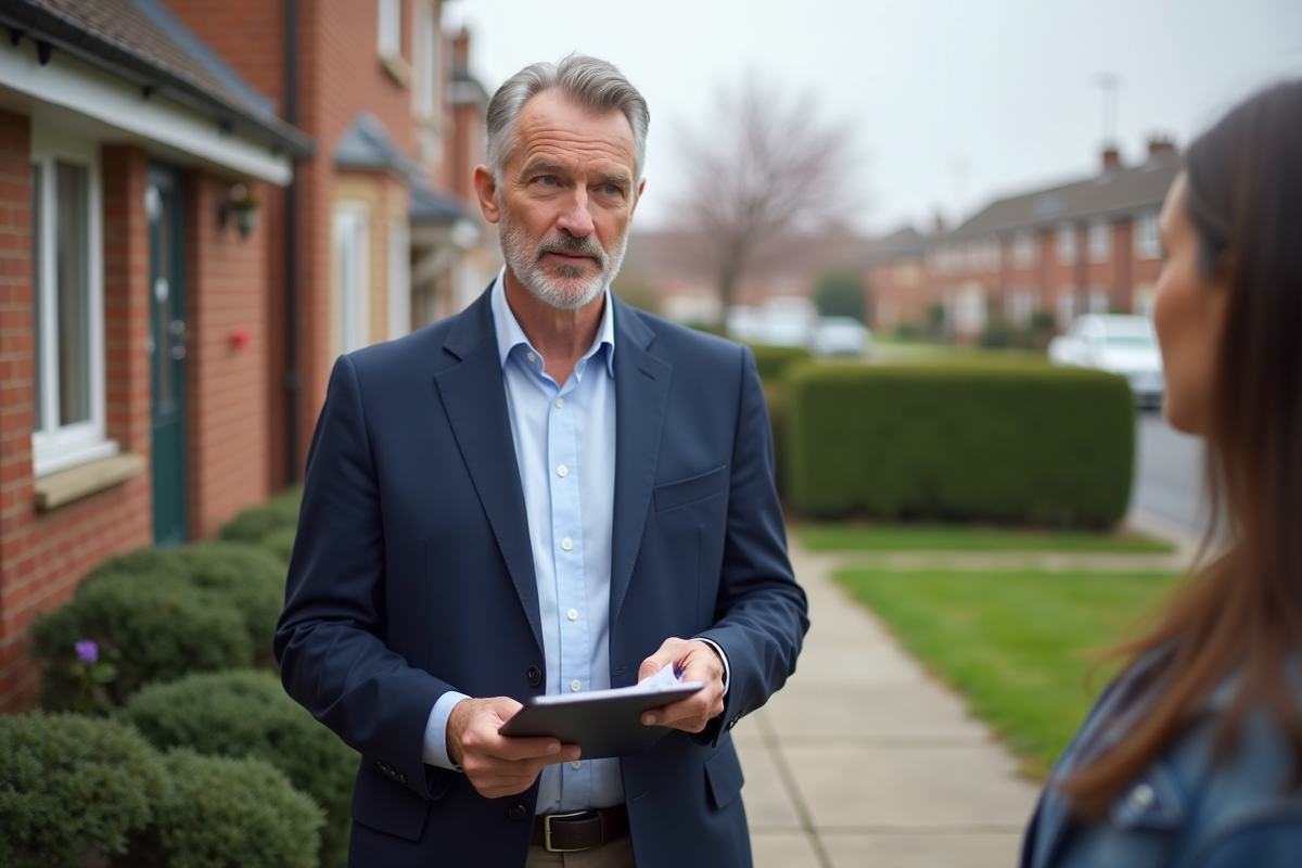 Agent immobilier en extérieur parle avec un propriétaire devant une maison