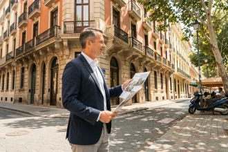Agent immobilier tenant une fiche de bien devant un immeuble moderniste du quartier Eixample à Barcelone