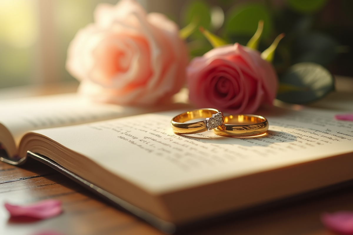 Alliances en or sur un livre avec des roses et une note d