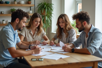 Groupe d amis discutant autour d une table avec reçus