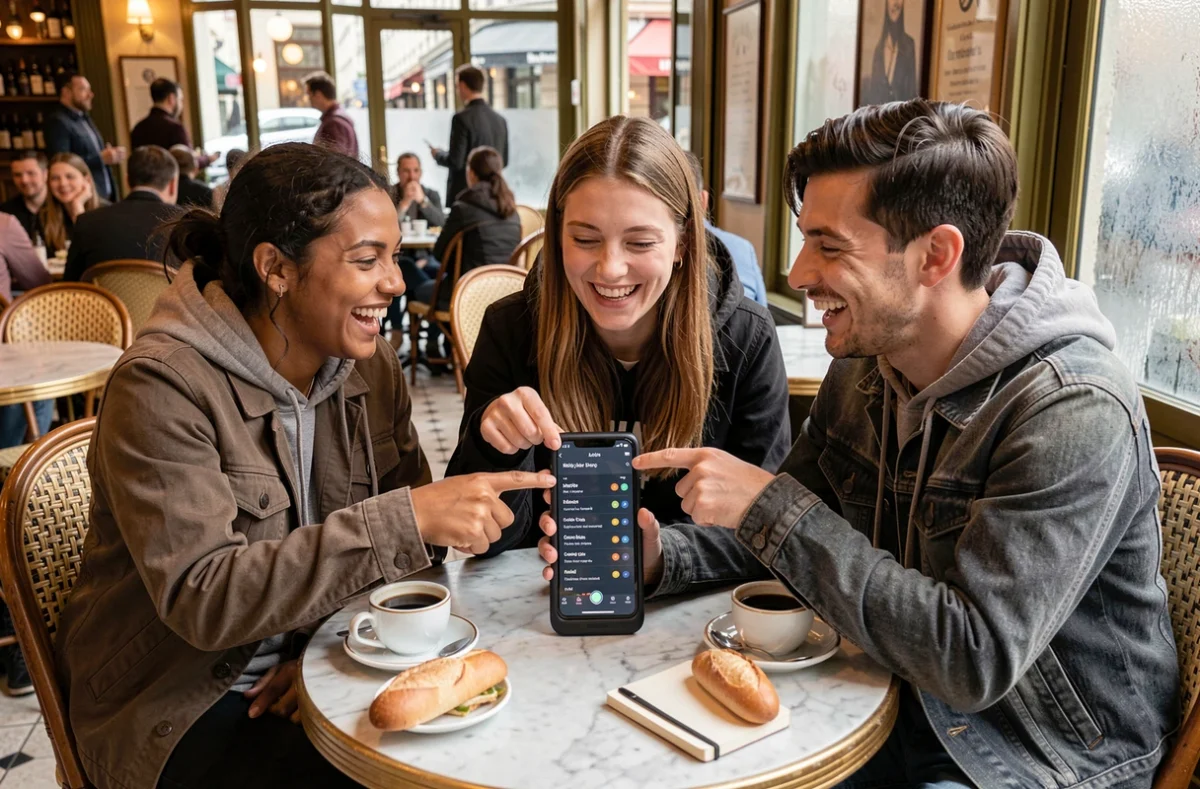 Groupe d'amis français regardant un classement musical dominé par des groupes anglais dans un café parisien