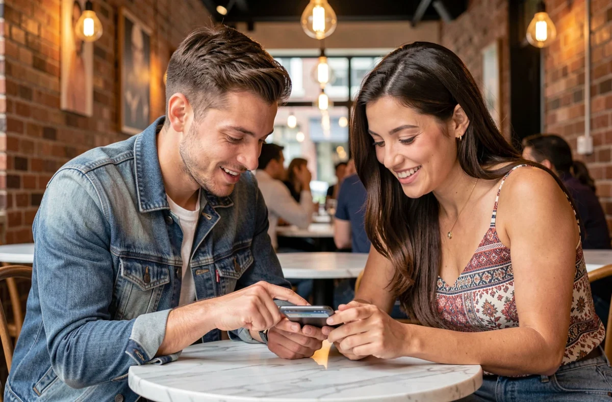 Deux amis dans un café jouant à un jeu de mots sur smartphone et cherchant ensemble le mot parfait