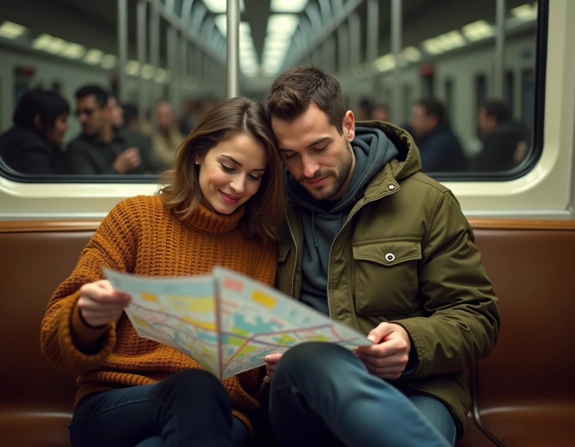 Deux amis étudiant le plan du métro parisien à bord d'une rame de la ligne 1