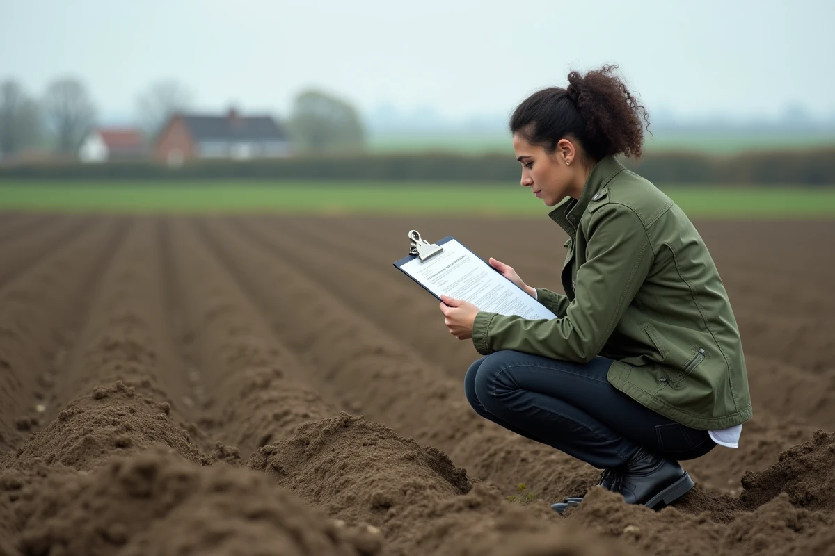 Femme analysant un document foncier de surface agricole en hectares dans un champ labouré à la campagne