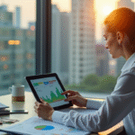 Femme d'affaires analysant des graphiques économiques sur une tablette
