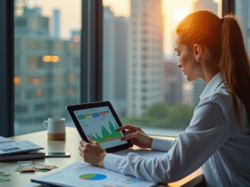 Femme d'affaires analysant des graphiques économiques sur une tablette
