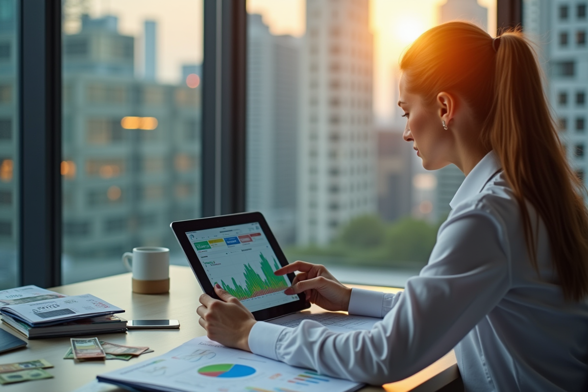Femme d'affaires analysant des graphiques économiques sur une tablette