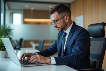 Analyste cybersécurité en costume navy dans banque moderne