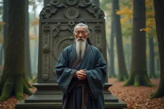 Homme âgé en robes cérémonielles devant monument ancien