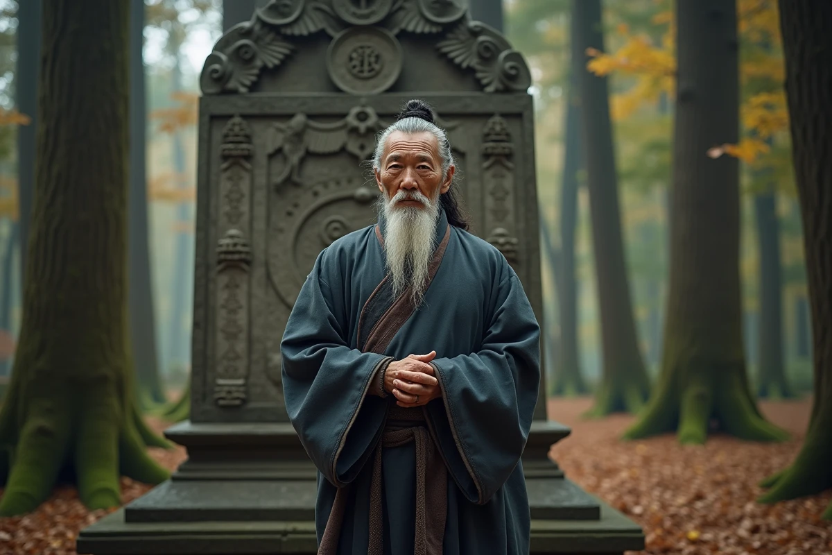Homme âgé en robes cérémonielles devant monument ancien