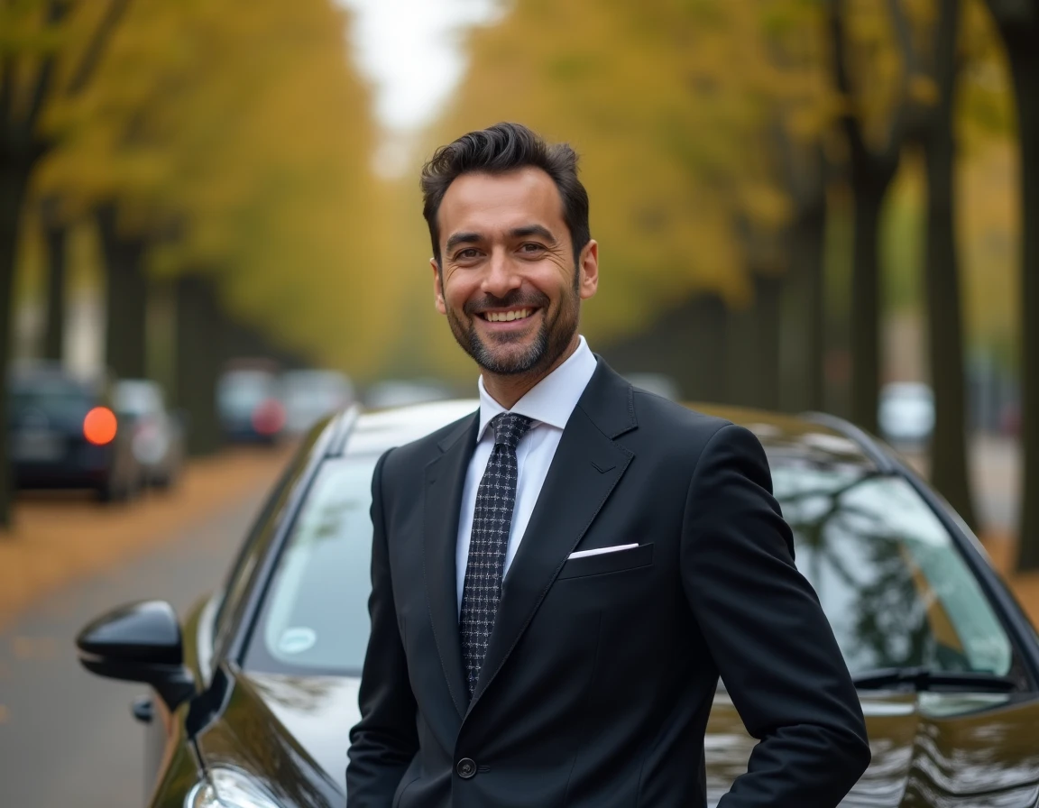 Anouar Chtioui, chauffeur VTC, posant en costume sombre devant sa berline noire sur un boulevard du Val de Loire