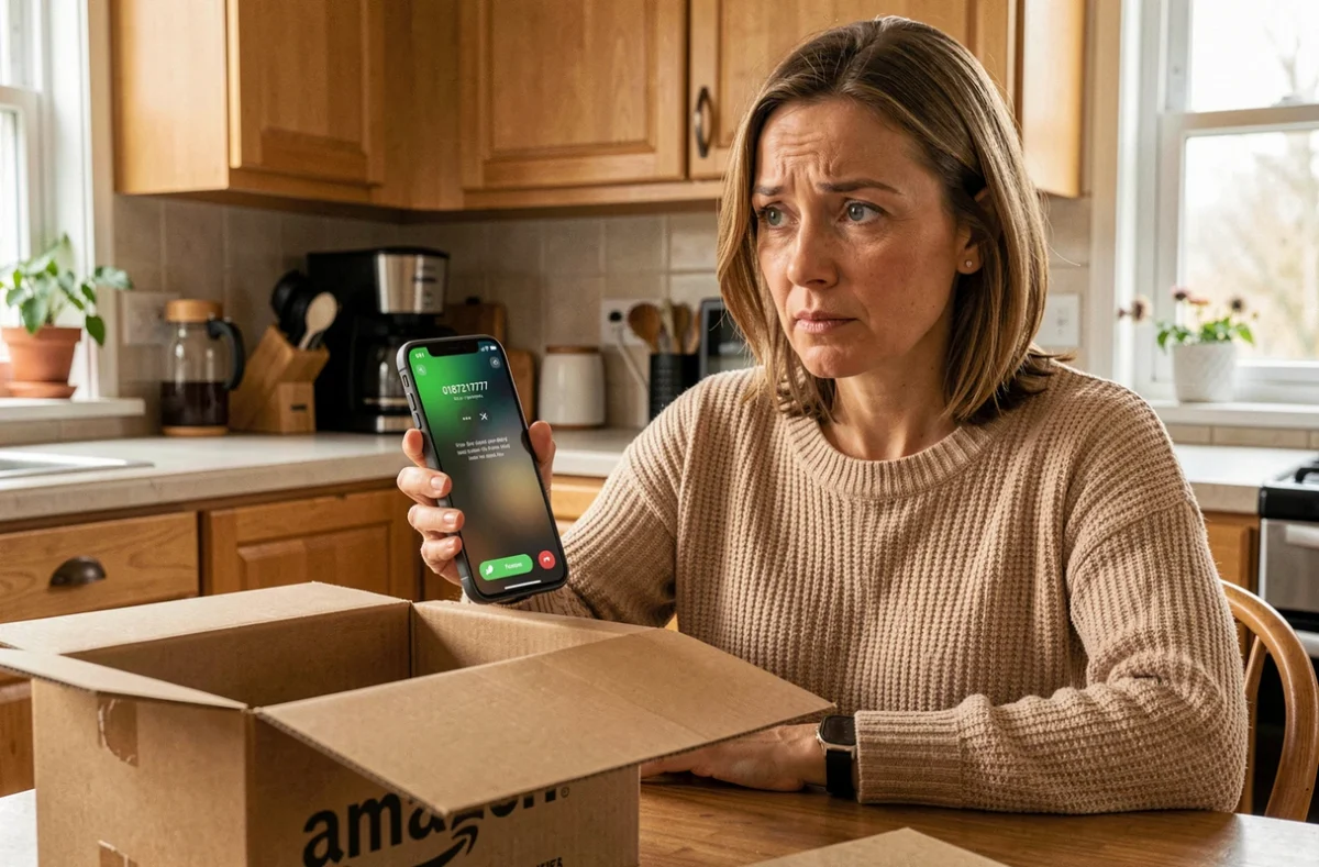 Femme recevant un appel du numéro 0187217777 sur son téléphone près d'un colis Amazon livré à domicile