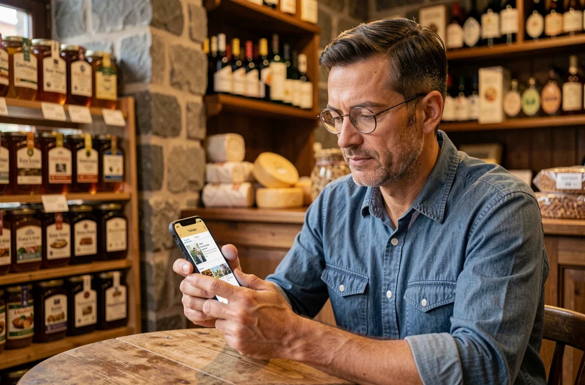 Homme consultant une application de commerce local sur smartphone dans une épicerie fine toulousaine