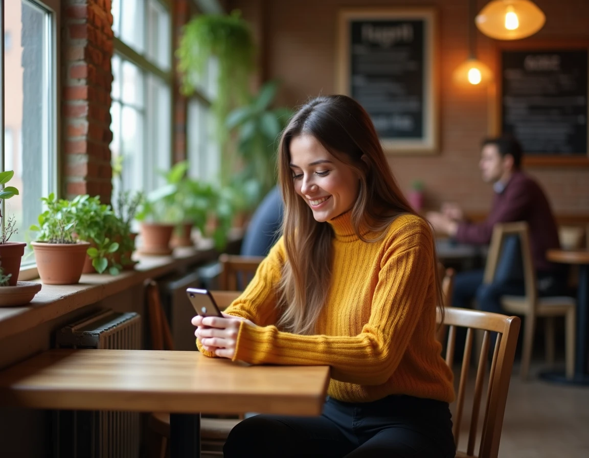 Femme consultant une application de sorties locales sur smartphone dans un café convivial à Cholet