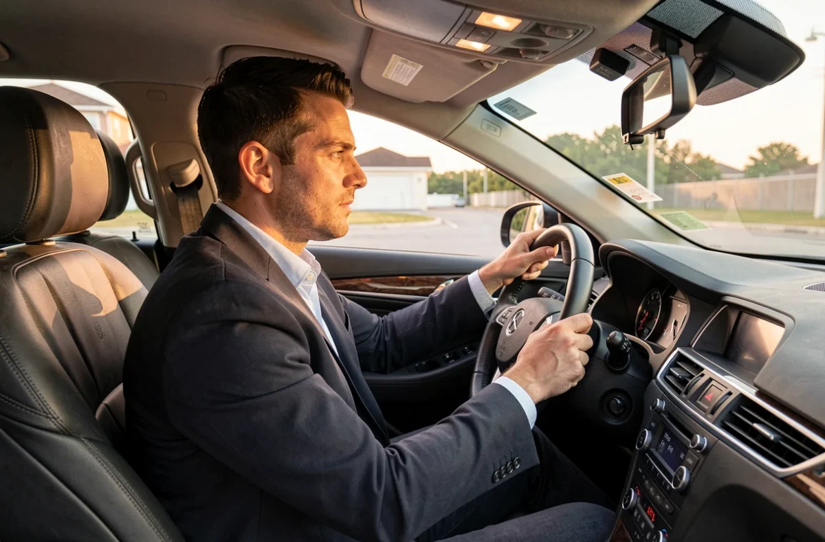 Chauffeur ARM VTC au volant d'une berline noire avec intérieur cuir et tableau de bord moderne