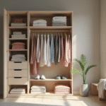 Armoire bien rangée avec vêtements organisés et lumière naturelle