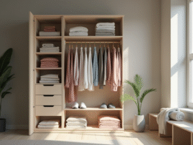 Armoire bien rangée avec vêtements organisés et lumière naturelle