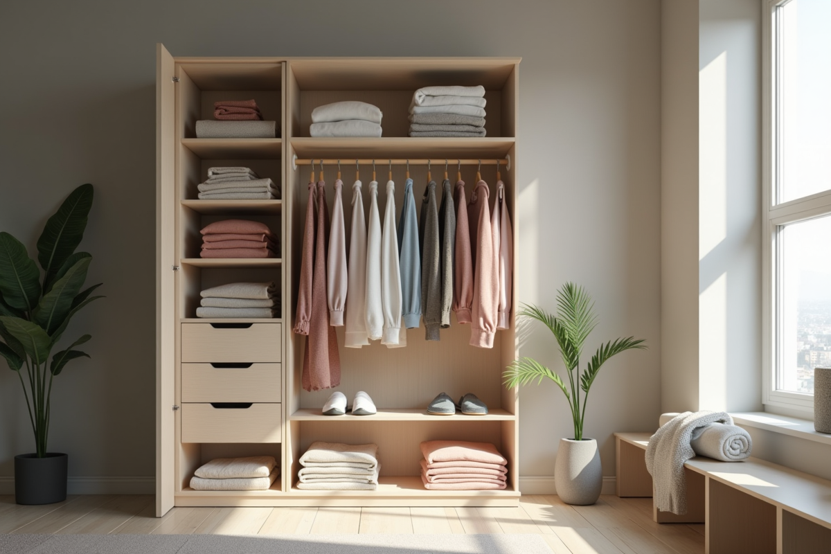 Armoire bien rangée avec vêtements organisés et lumière naturelle