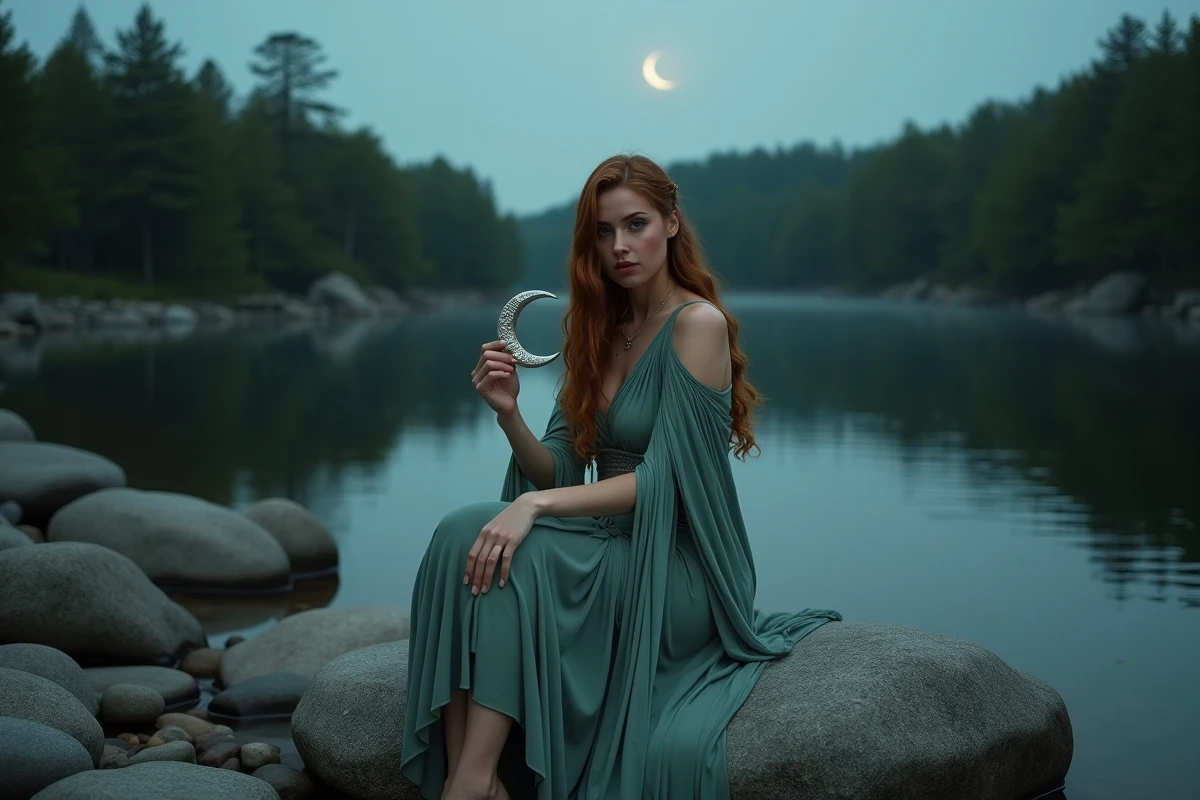 Femme en costume de déesse grecque assise au bord d'une rivière forestière avec un croissant de lune, symbolisant Artémis protectrice et vengeresse
