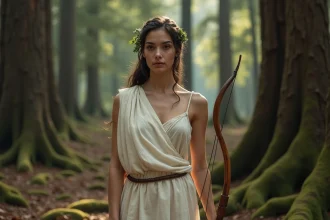 Jeune femme en tenue grecque antique tenant un arc en bois dans une forêt de chênes mystérieuse, évoquant la déesse Artémis