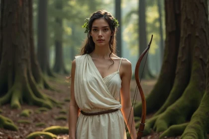 Jeune femme en tenue grecque antique tenant un arc en bois dans une forêt de chênes mystérieuse, évoquant la déesse Artémis