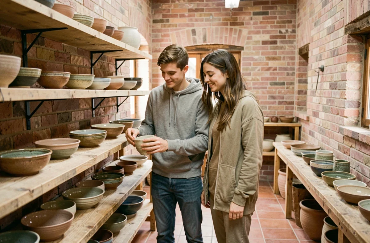 Couple découvrant des céramiques artisanales dans un atelier indépendant du quartier des Carmes à Toulouse