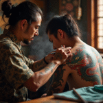 Artiste japonais tatouant un dragon sur un dos dans un studio traditionnel