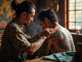 Artiste japonais tatouant un dragon sur un dos dans un studio traditionnel