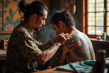 Artiste japonais tatouant un dragon sur un dos dans un studio traditionnel