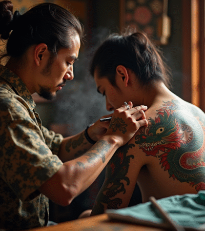 Artiste japonais tatouant un dragon sur un dos dans un studio traditionnel
