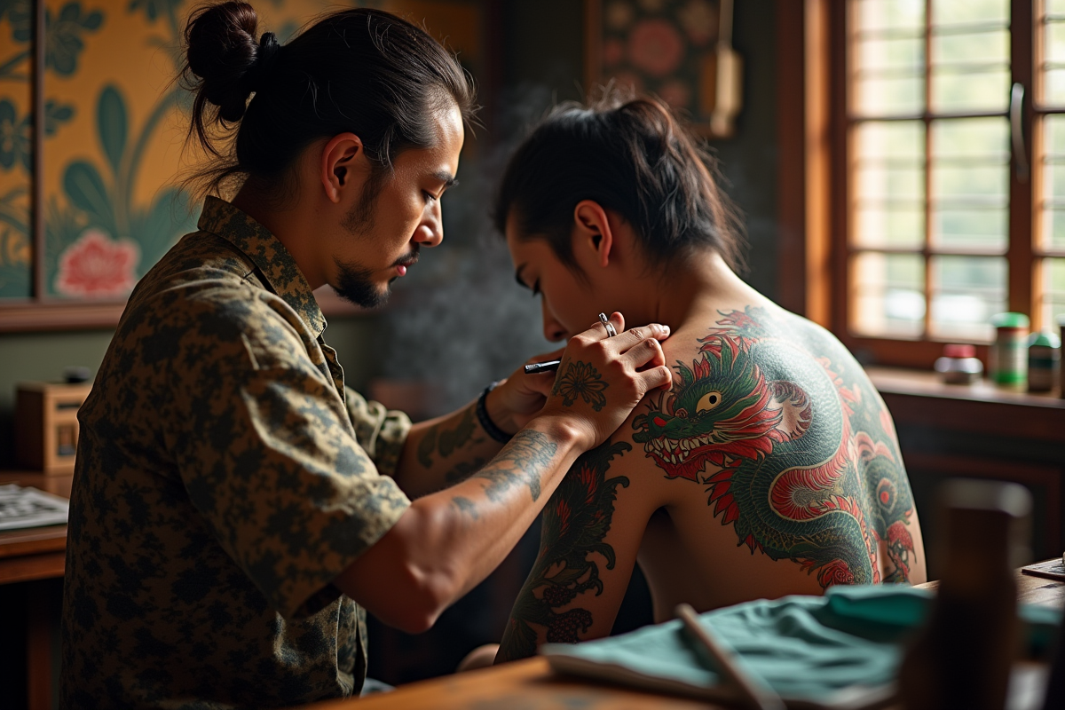 Artiste japonais tatouant un dragon sur un dos dans un studio traditionnel