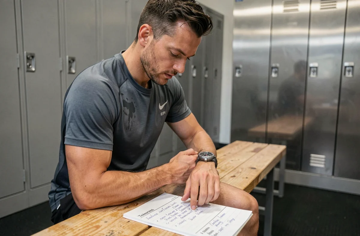 Athlète masculin consultant sa montre de sport et ses notes d'entraînement pour convertir des minutes en heures