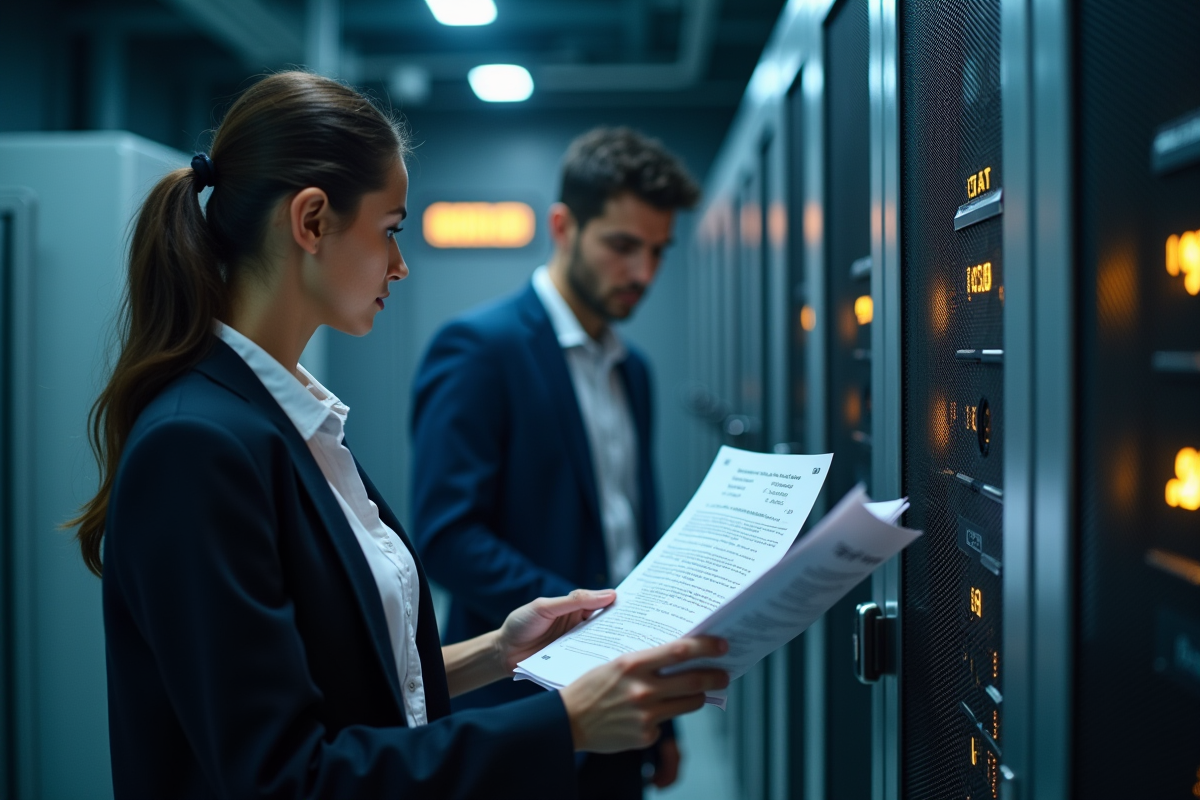 Jeune femme auditrice informatique examine rapports dans serveur