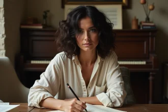 Auteure-compositrice française écrivant des paroles en rimes dans un carnet sur un bureau vintage parisien