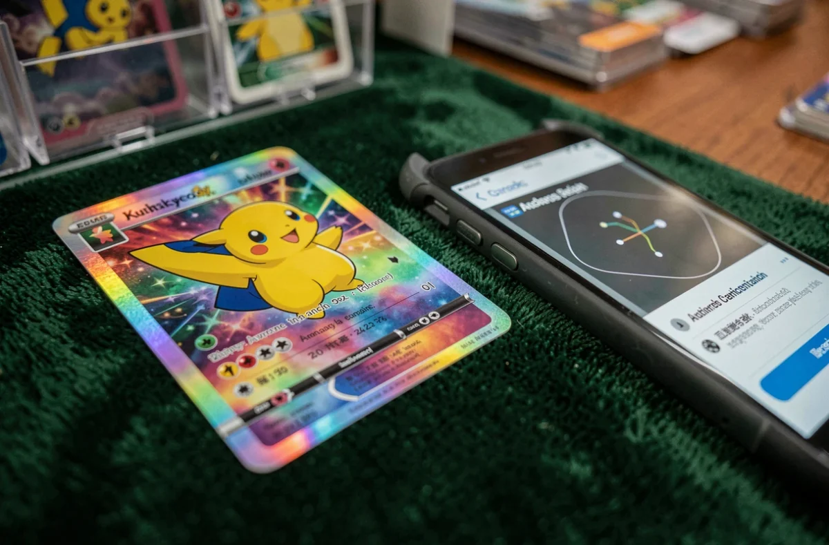 Carte Pokémon holographique rare scannée par une application d'authentification sur smartphone