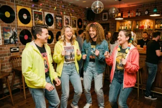 Groupe d'amis qui dansent dans un bar années 80 et 90 à Strasbourg avec ambiance rétro et boule à facettes