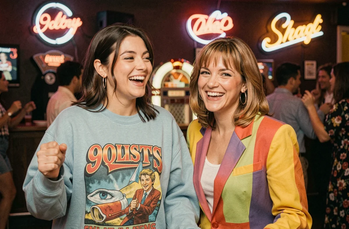 Deux amies souriantes en tenues rétro années 80 et 90 dans un bar de danse à Strasbourg avec ambiance nostalgique