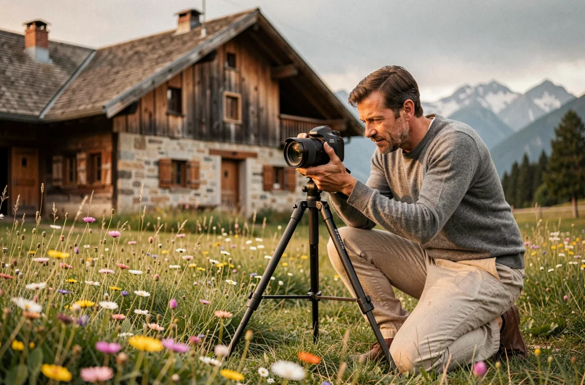 Benjamin Pierre photographiant un paysage champêtre savoyard avec une ferme rustique et des prairies fleuries en arrière-plan