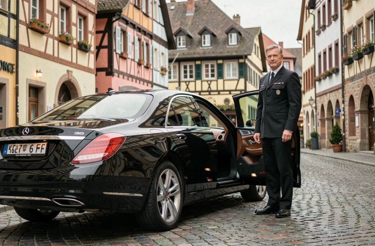 Chauffeur Blackstyle VTC devant une berline noire dans le vieux quartier pittoresque de Colmar en Alsace