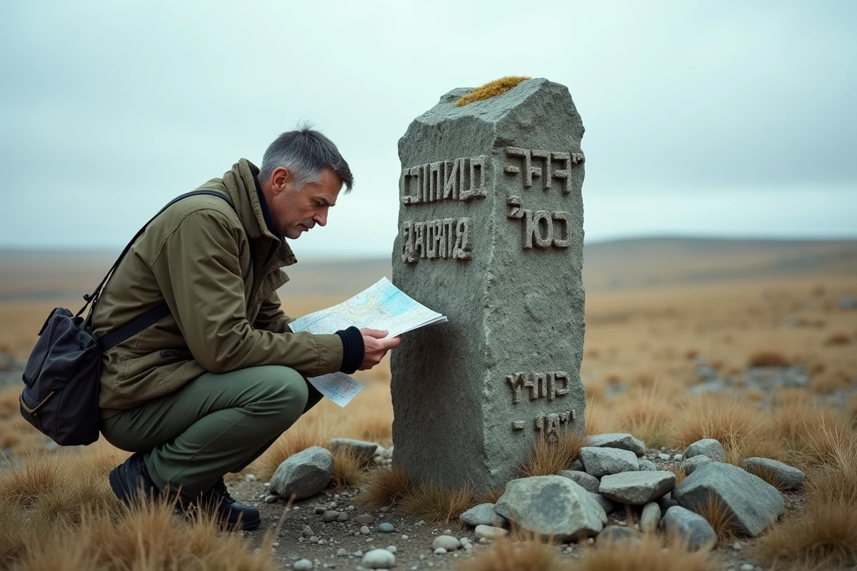 Borne frontière historique russe avec un géographe examinant les inscriptions soviétiques en terrain isolé