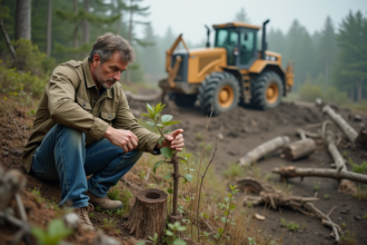 Botaniste examinant une plante dans une foret dégradée