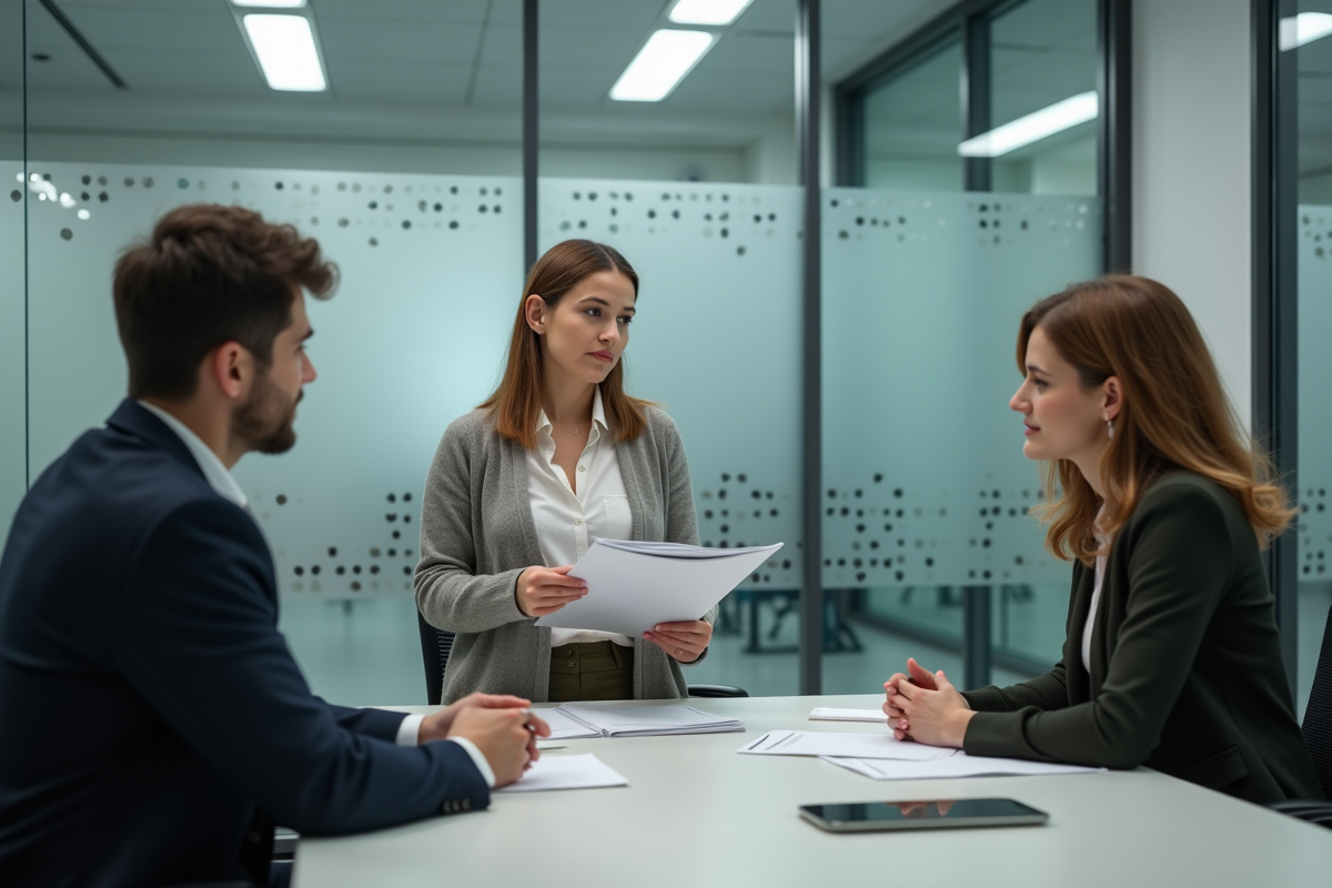 Professionnelle parlant avec un couple dans un bureau administratif