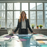 Femme confiante dans un bureau lumineux avec papiers et ordinateur
